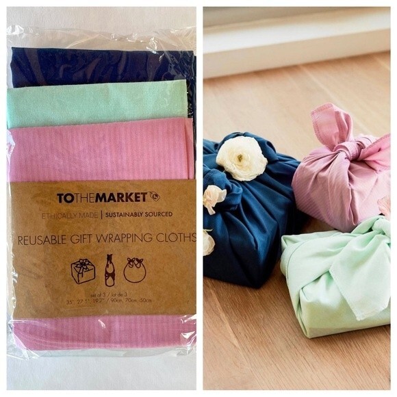 NWT To The Market Reusable Gift Wrapping Cloths - 3 Cloths Pink Navy Seafoam - Picture 1 of 6